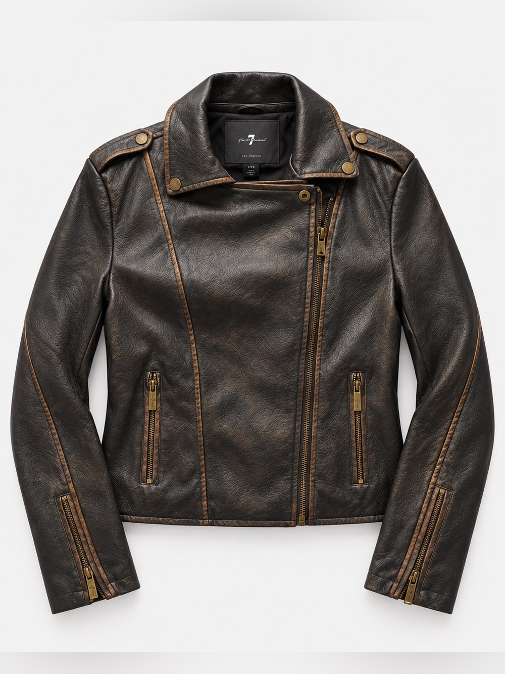 7 For All Mankind Distressed Black Faux Leather Moto Biker Jacket Size S NWT